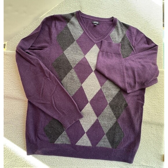 Retro Apartment 9 Argyle Men's V-neck Sweater Purple Dad Old School Sz M - Picture 4 of 6